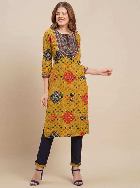 Fashor Yellow & Black Printed Kurta Pant Set Price in India