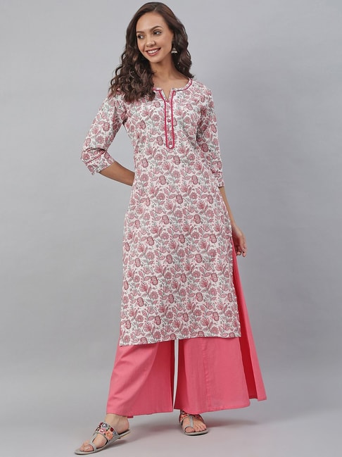 Janasya White & Pink Cotton Floral Print Straight Kurta Price in India