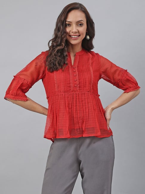 Janasya Red Embroidered Top Price in India