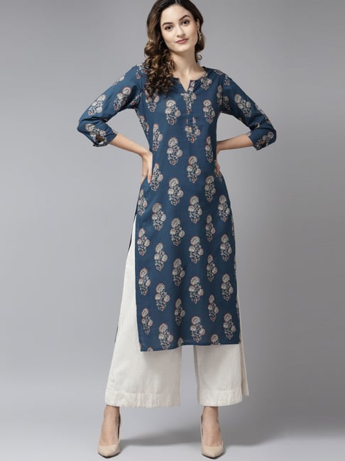 Yufta Blue Cotton Floral Print Straight Kurta Price in India