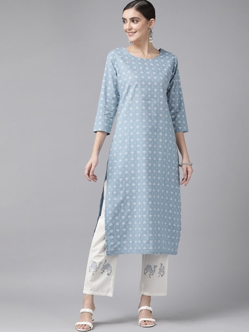 Yufta Blue & White Cotton Printed Kurta Pant Set Price in India