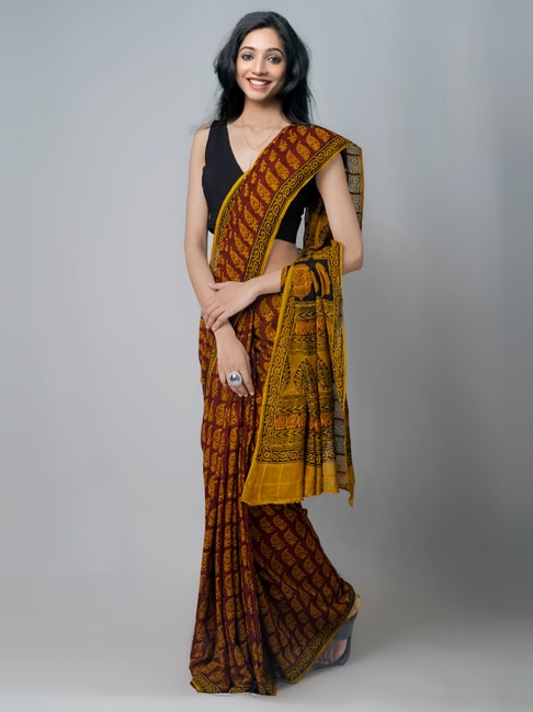Unnati Silks Maroon & Yellow Cotton Printed Saree With Unstitched Blouse Price in India