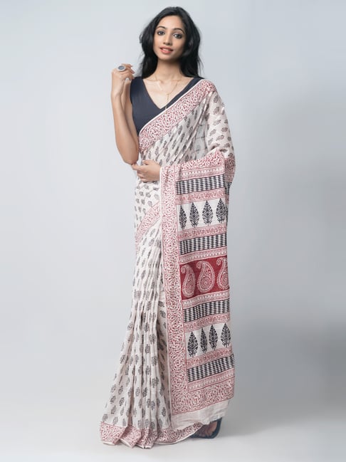 Unnati Silks Off-White & Red Cotton Printed Saree With Unstitched Blouse Price in India