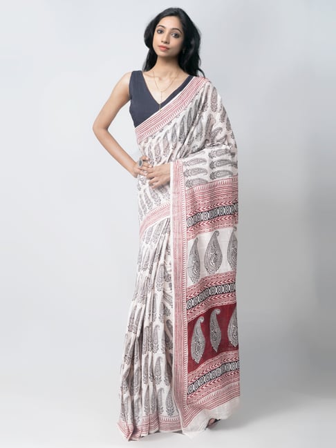 Unnati Silks Off-White & Red Cotton Printed Saree With Unstitched Blouse Price in India
