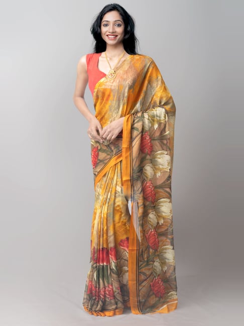 Unnati Silks Yellow Printed Saree With Unstitched Blouse Price in India
