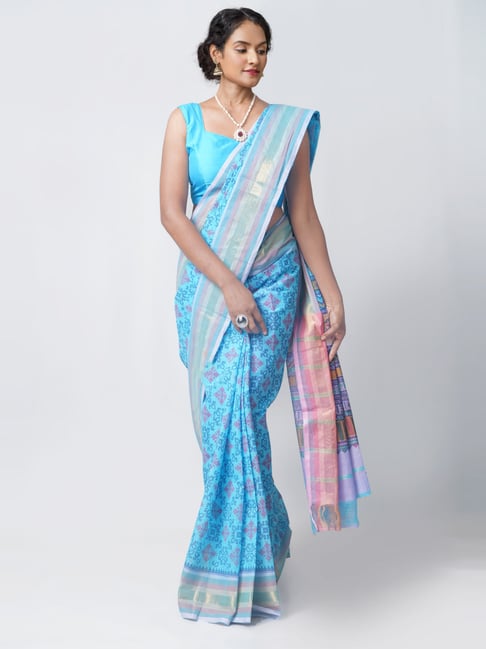 Unnati Silks Blue Cotton Printed Saree With Unstitched Blouse Price in India