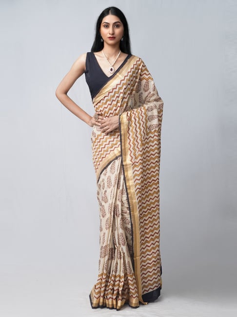 Unnati Silks Beige & Black Cotton Printed Saree With Unstitched Blouse Price in India