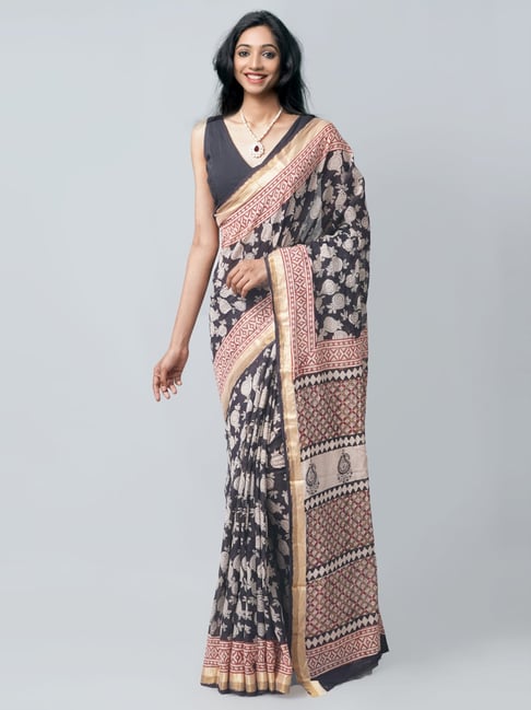 Unnati Silks Black & Beige Cotton Printed Saree With Unstitched Blouse Price in India