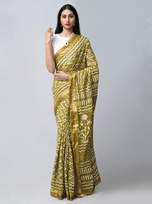 Unnati Silks Green Cotton Printed Saree With Unstitched Blouse Price in India