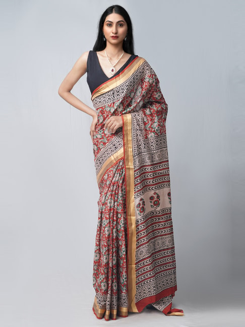 Unnati Silks Red & Beige Cotton Printed Saree With Unstitched Blouse Price in India