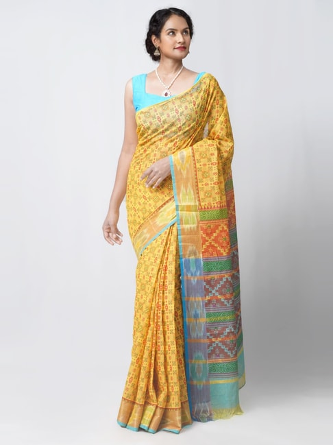 Unnati Silks Yellow & Green Cotton Printed Saree With Unstitched Blouse Price in India