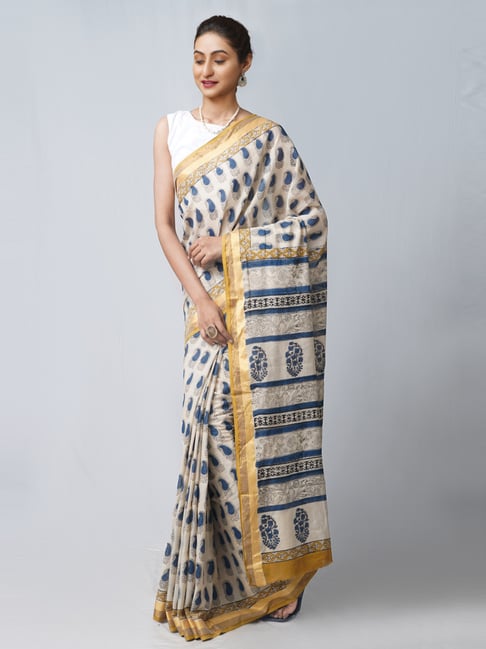 Unnati Silks Beige & Blue Cotton Printed Saree With Unstitched Blouse Price in India