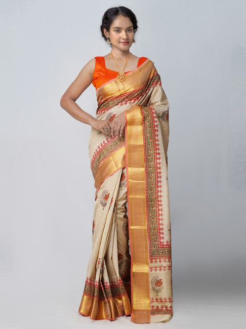 Unnati Silks Cream & Orange Silk Floral Print Saree With Unstitched Blouse Price in India