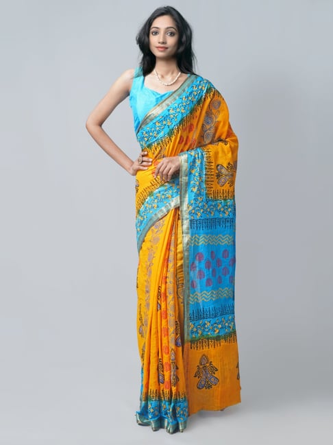 Unnati Silks Yellow & Blue Cotton Floral Print Saree With Unstitched Blouse Price in India
