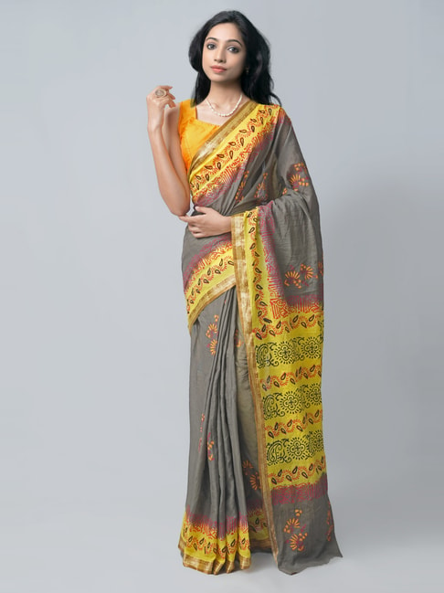 Unnati Silks Grey & Green Cotton Printed Saree With Unstitched Blouse Price in India