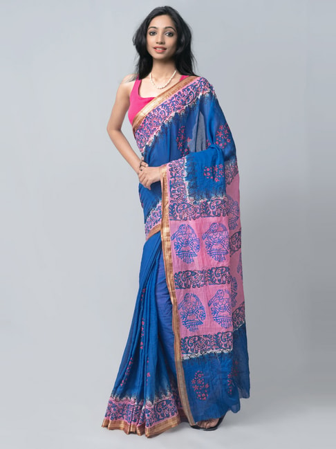 Unnati Silks Blue & Pink Cotton Printed Saree With Unstitched Blouse Price in India