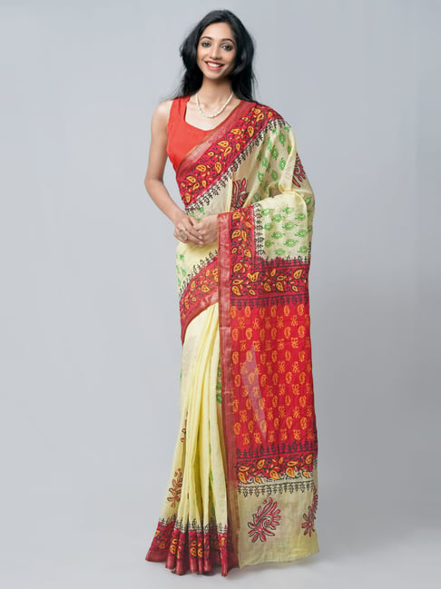 Unnati Silks Yellow & Red Cotton Printed Saree With Unstitched Blouse Price in India