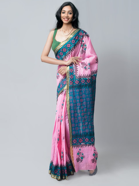 Unnati Silks Pink & Blue Cotton Printed Saree With Unstitched Blouse Price in India