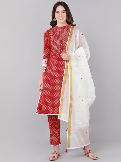 BANI WOMEN Red Embroidered Kurta Pant Set With Dupatta Price in India