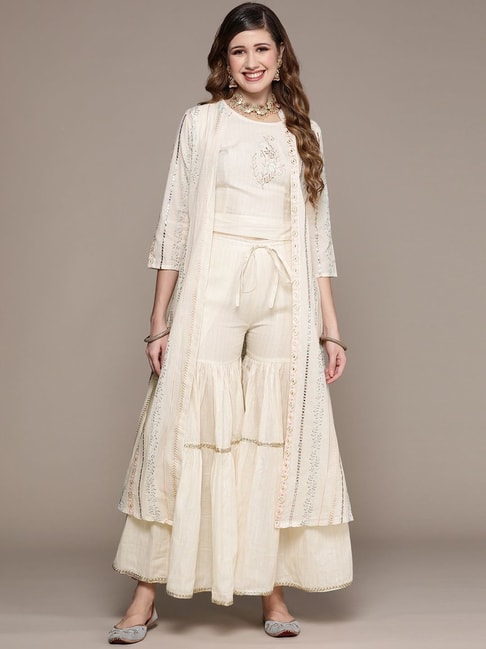 Buy Ishin Off-White Embroidered Crop Top Sharara Set With Jacket for Women  Online @ Tata CLiQ