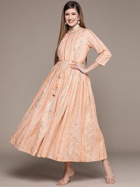 Ishin Peach Cotton Embroidered Maxi Dress Price in India
