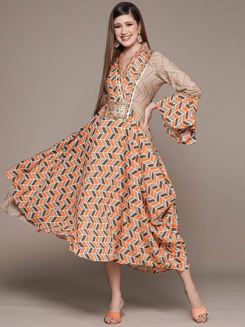 Ishin Grey & Orange Embellished A-Line Dress Price in India