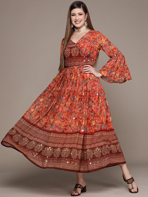 Ishin Orange & Brown Embellished Maxi Dress Price in India