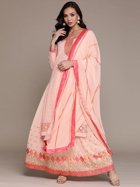 Ishin Pink Embroidered Kurta Skirt Set With Dupatta Price in India