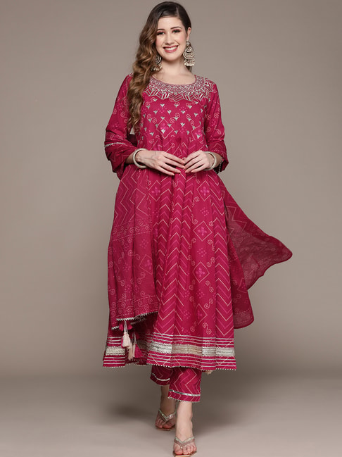 Ishin Pink Cotton Embellished Kurta Pant Set With Dupatta Price in India