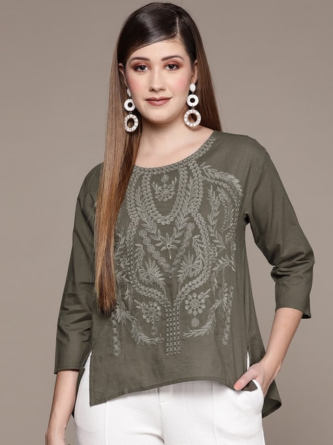 Ishin Olive Green Embroidered Top Price in India