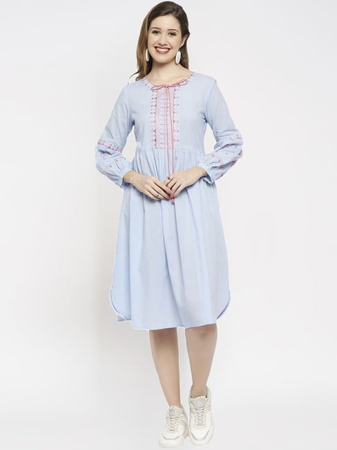Ethnicity Blue Cotton Embroidered A-Line Dress Price in India