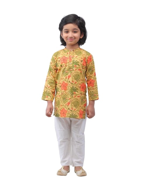 Ahhaaaa Kids Yellow & White Cotton Floral Print Kurta Set-picture-28