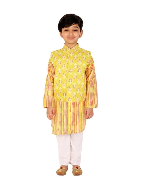 Ahhaaaa Kids Yellow & White Cotton Floral Print Kurta Set-picture-25
