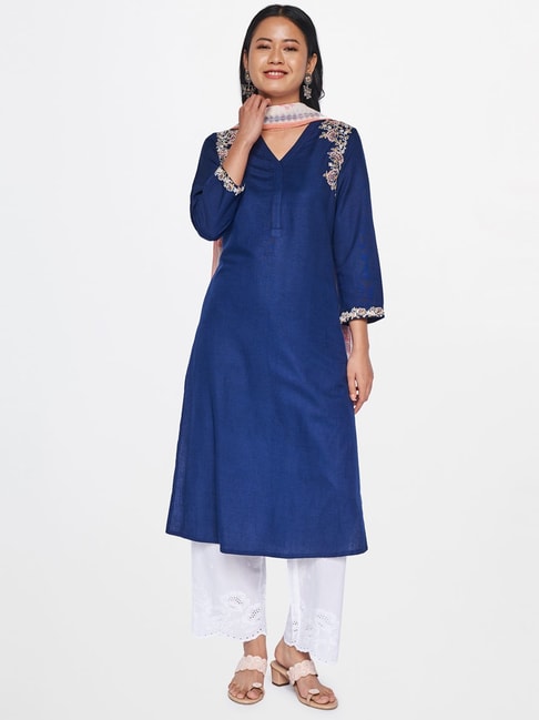 Global Desi Indigo & White Embroidered Kurta With Pants And Dupatta Price in India