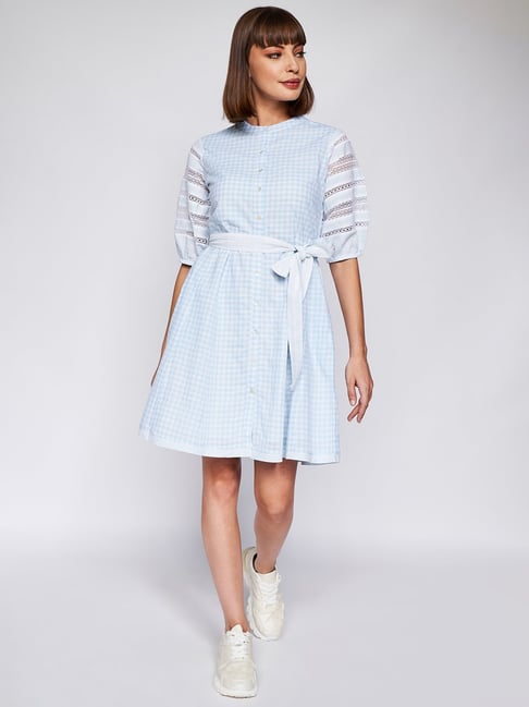 AND Blue Checkered Skater Dress Price in India