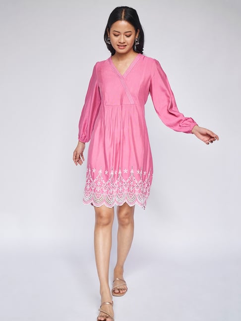 Global Desi Pink Self Design A Line Dress Price in India