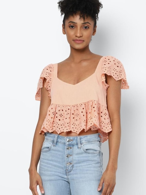 American Eagle Outfitters Peach Self Print Top Price in India