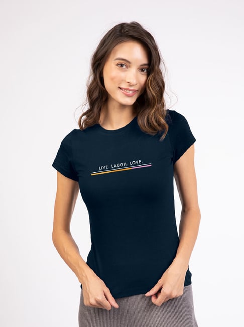 Bewakoof Teal Printed Crew T-Shirt Price in India