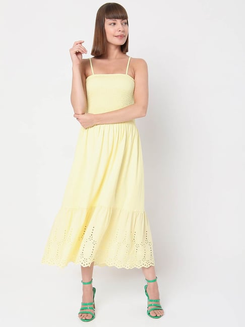Vero Moda Yellow Self Design A Line Dress Price in India