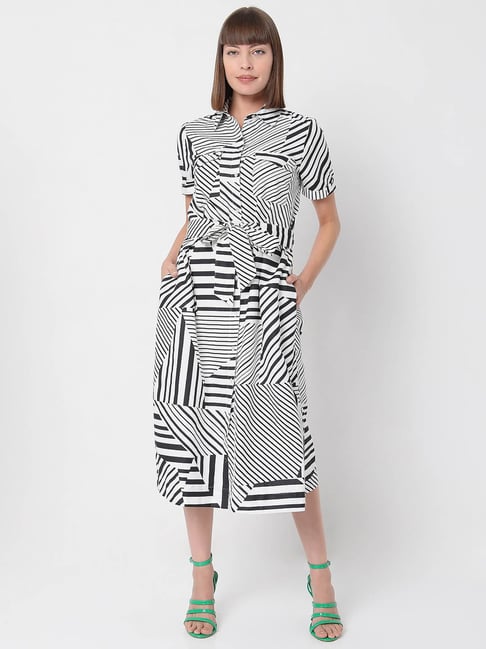 Vero Moda White & Black Striped Midi Dress Price in India