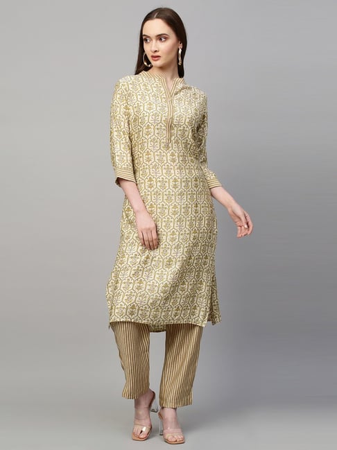 Fashor Beige Floral Print Kurta Pant Set