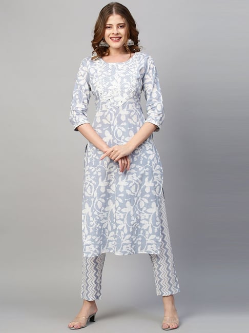 Fashor Blue & White Cotton Embroidered Kurta Pant Set Price in India