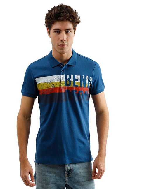 United Colors of Benetton Blue Printed Polo T-Shirt