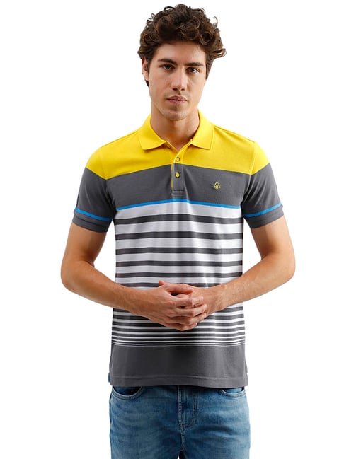 United Colors of Benetton Grey Striped Polo T-Shirt