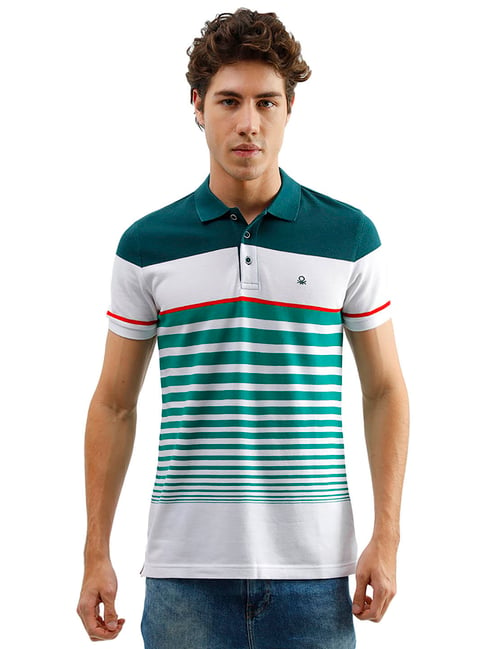 United Colors of Benetton Green Striped Polo T-Shirt