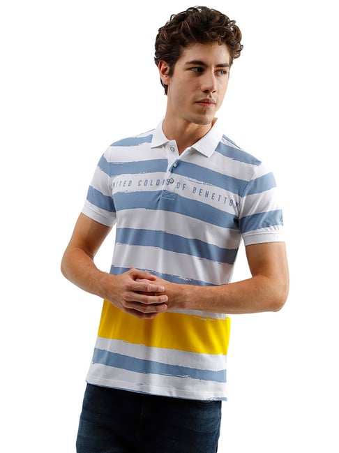 United Colors of Benetton White & Blue Striped Polo T-Shirt