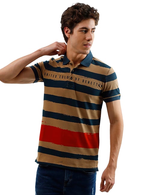 United Colors of Benetton Brown Striped Polo T-Shirt