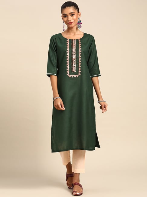 Gerua by Libas Green Cotton Embellished Straight Kurta