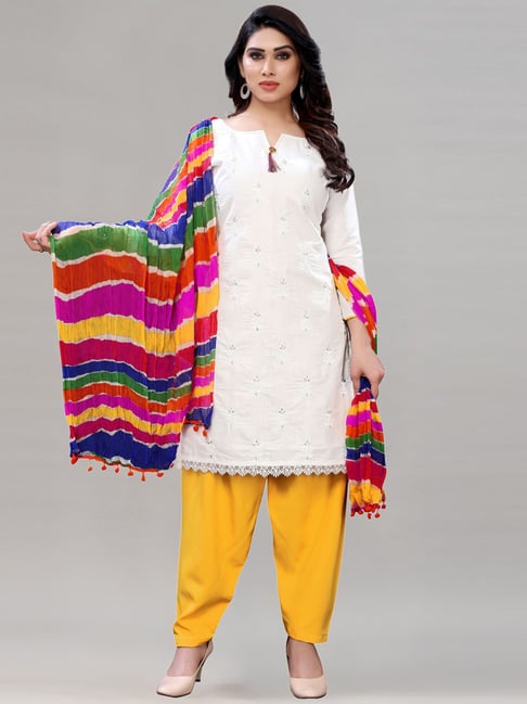 Satrani White & Yellow Cotton Embroidered Unstitched Dress Material