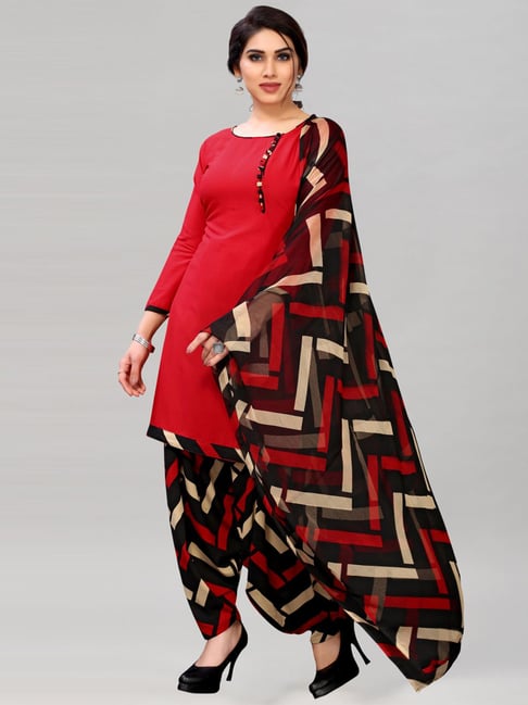 Satrani Red & Black Printed Unstitched Dress Material